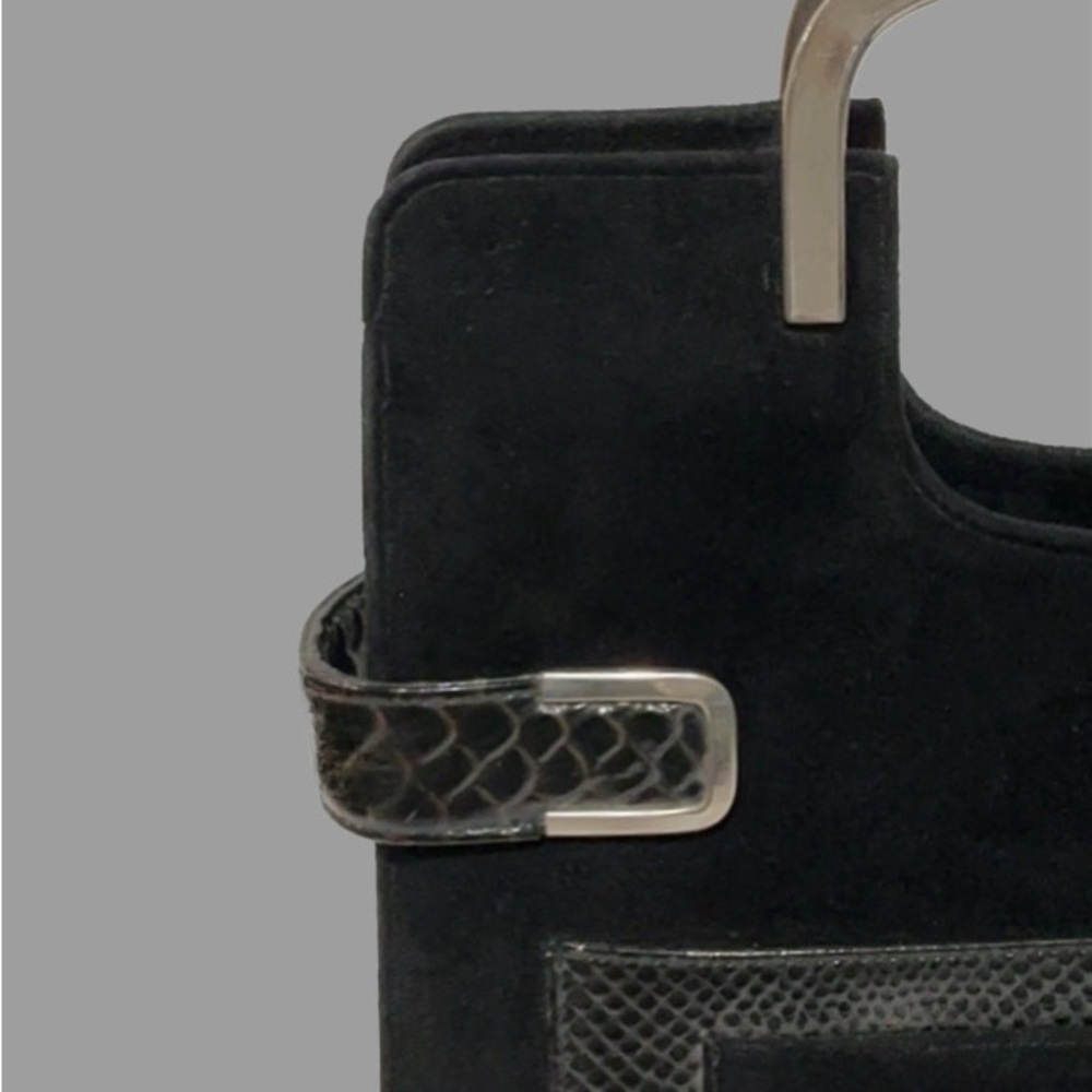 BLOCK Vintage Black Suede and Reptile Skin Frame Handbag with Grab Top Handles - Picture 5 of 10